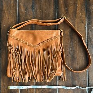 Fringed Tan Faux Leather Crossbody Bag